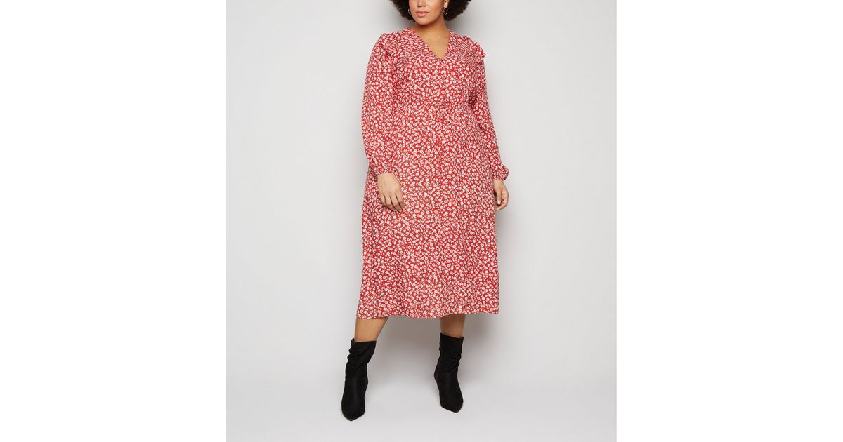 Curves Red Floral Frill Midi Dress | New Look