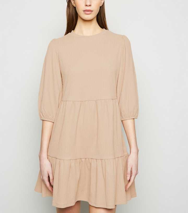 Camel Puff Sleeve Smock Dress