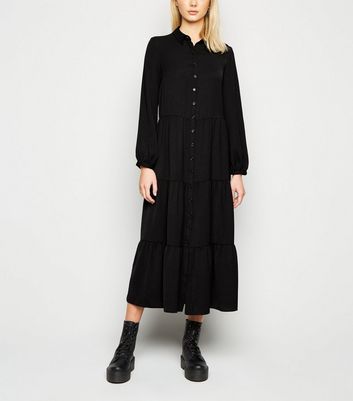 Black Long Sleeve Midi Shirt Dress 
