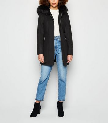 new look black faux fur hooded coat