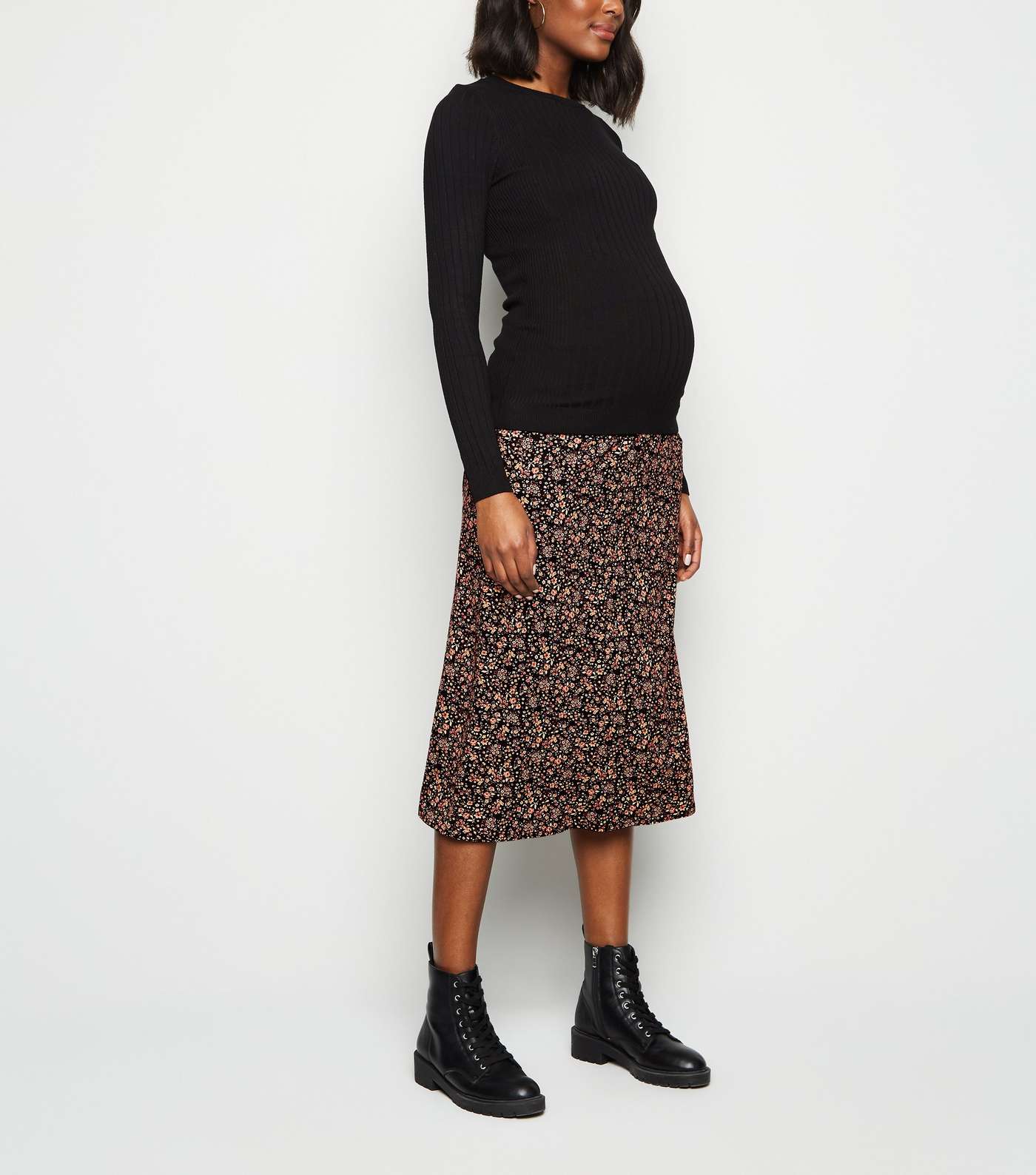 Maternity Black Floral Midi Skirt
