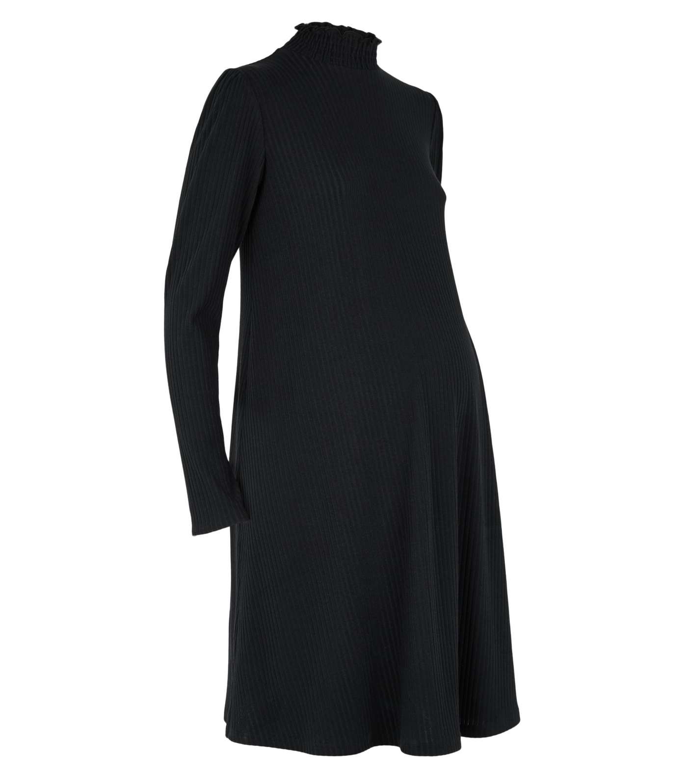Maternity Black Ribbed Shirred Neck Dress Image 4