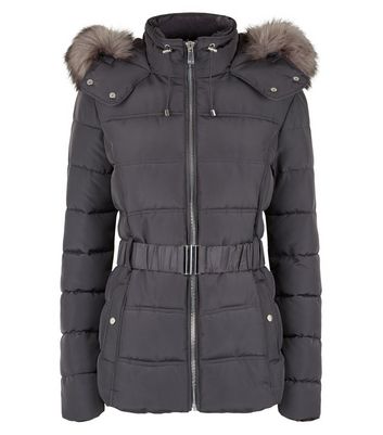 grey belted puffer coat