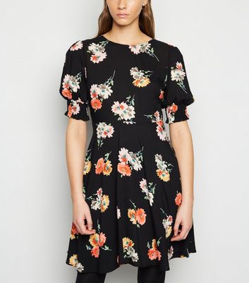 Black Floral Puff Sleeve Mini Dress 