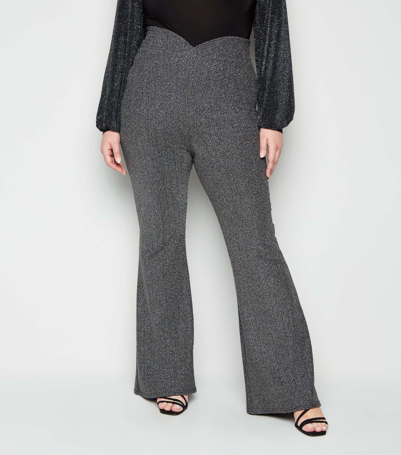 Just Curvy Black Shimmer Flared Trousers Image 2