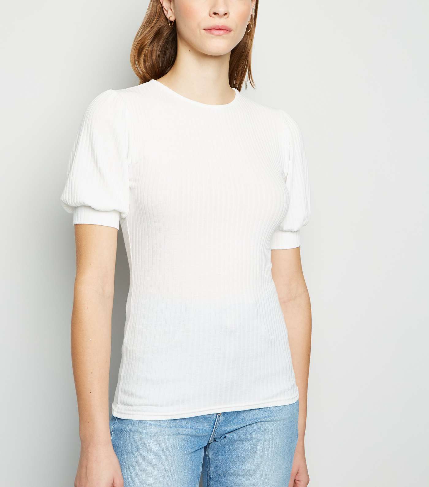 Off White Ribbed Puff Sleeve Top