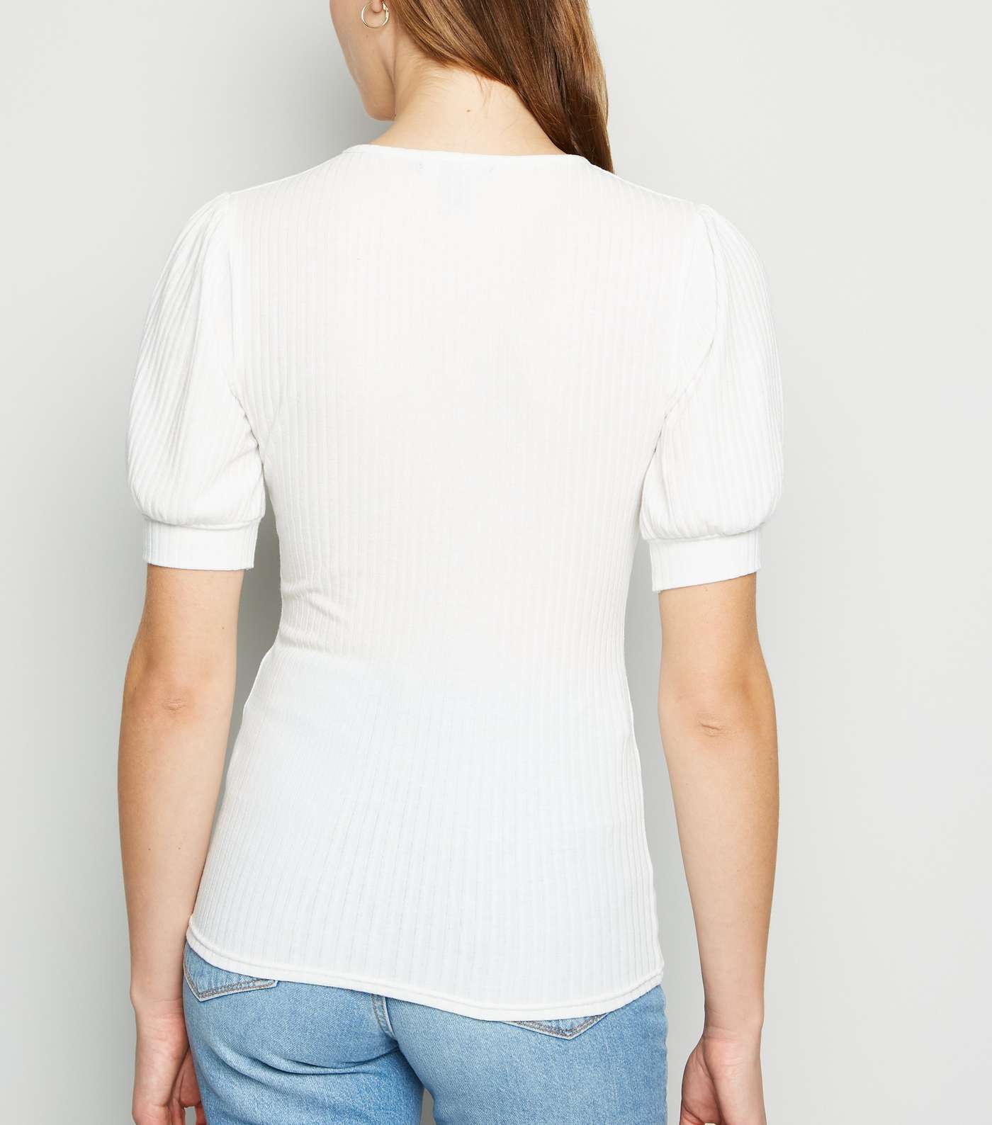 Off White Ribbed Puff Sleeve Top Image 3