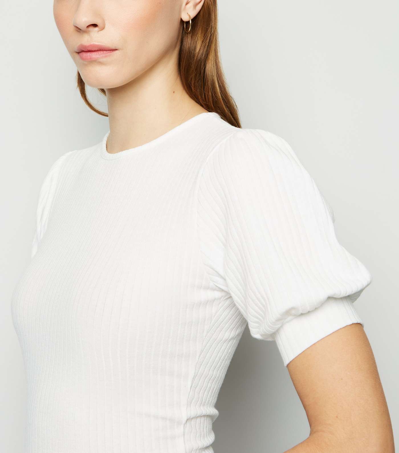 Off White Ribbed Puff Sleeve Top Image 5