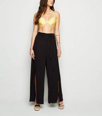 Black Split Front Belted Beach Trousers 