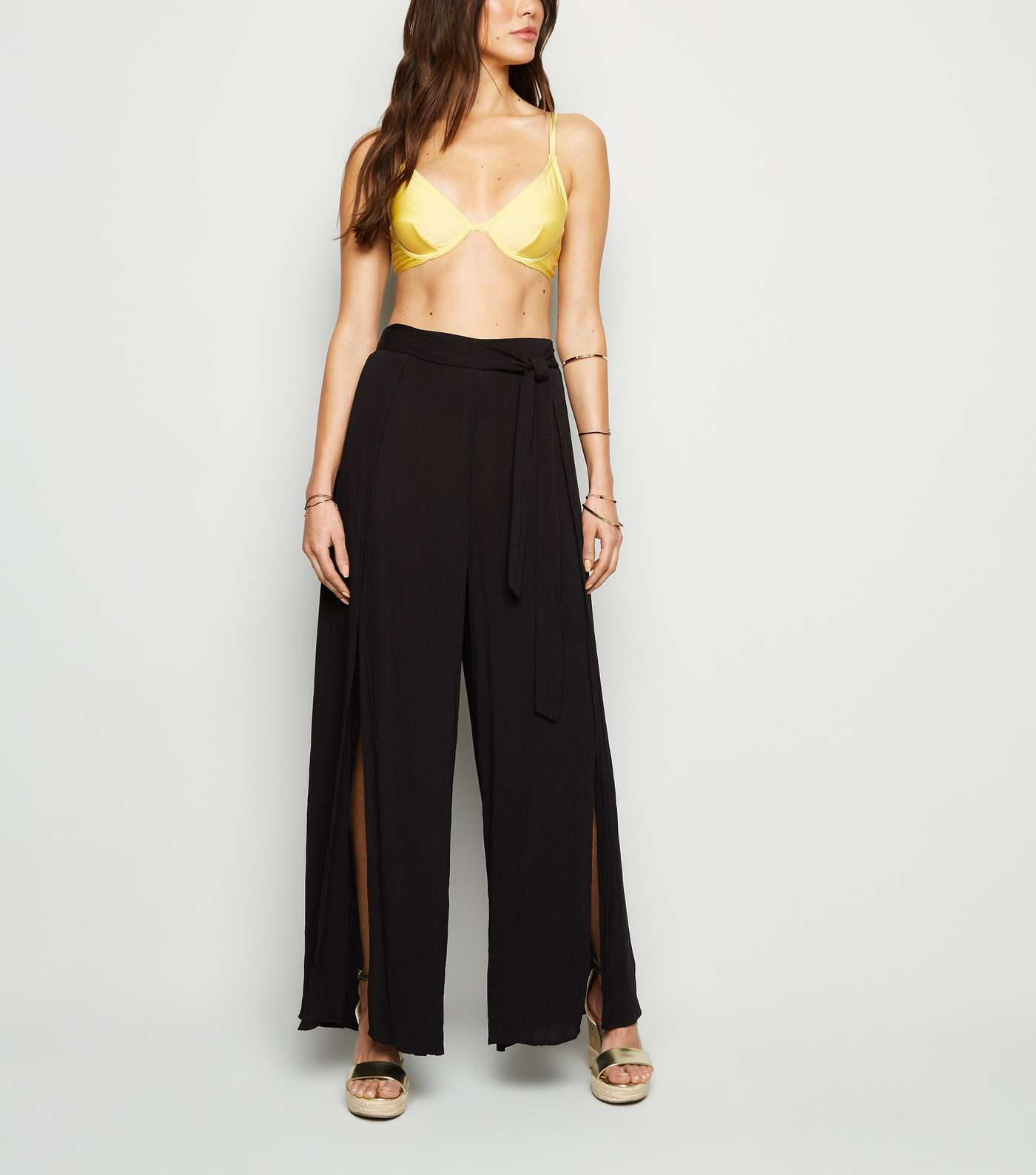 Black Split Front Belted Beach Trousers