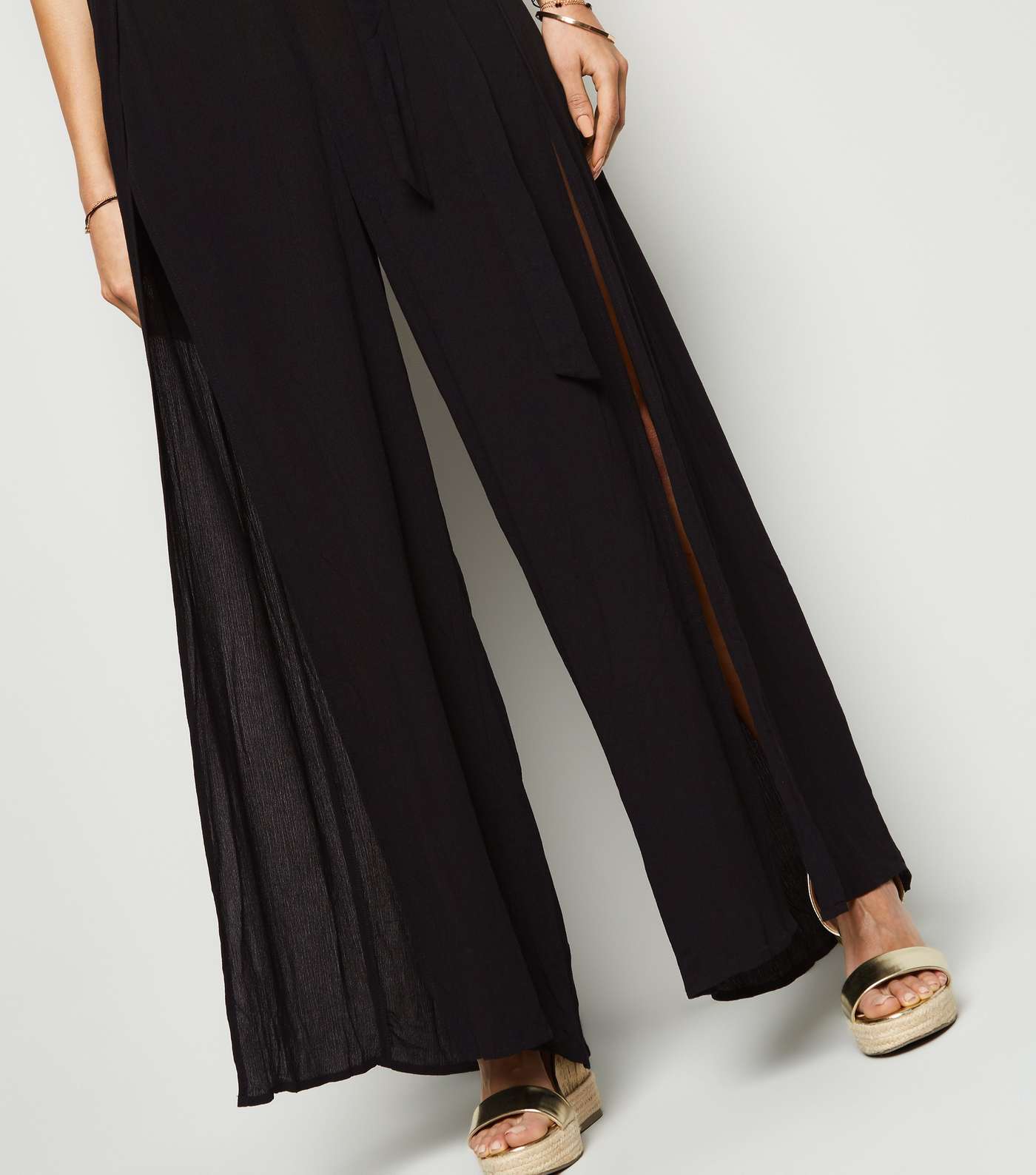 Black Split Front Belted Beach Trousers Image 5