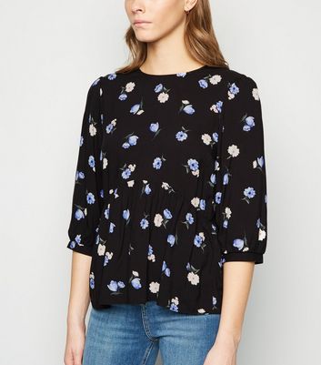 Black Floral 3/4 Sleeve Peplum Top | New Look