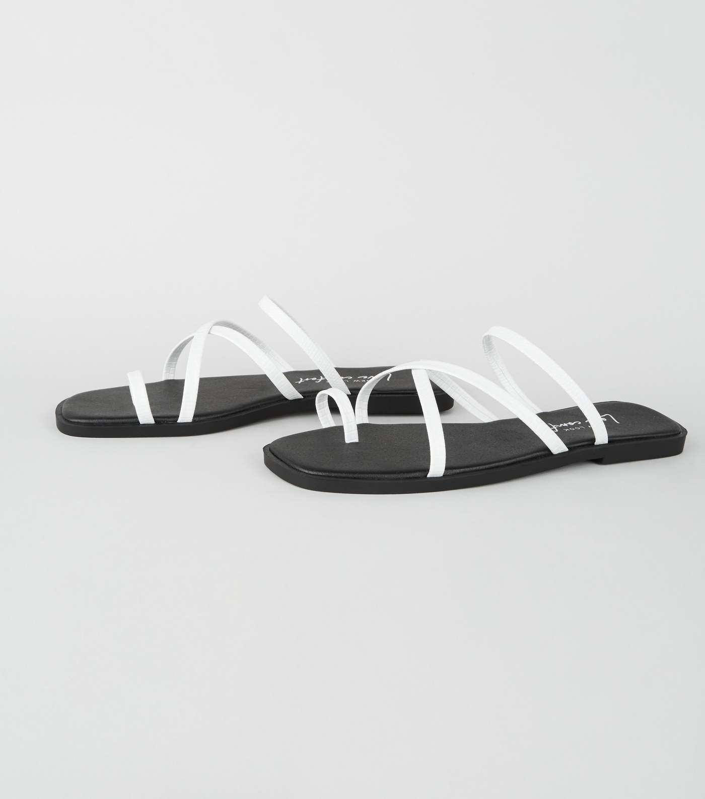 White Faux Croc Toe Loop Strappy Sliders Image 4