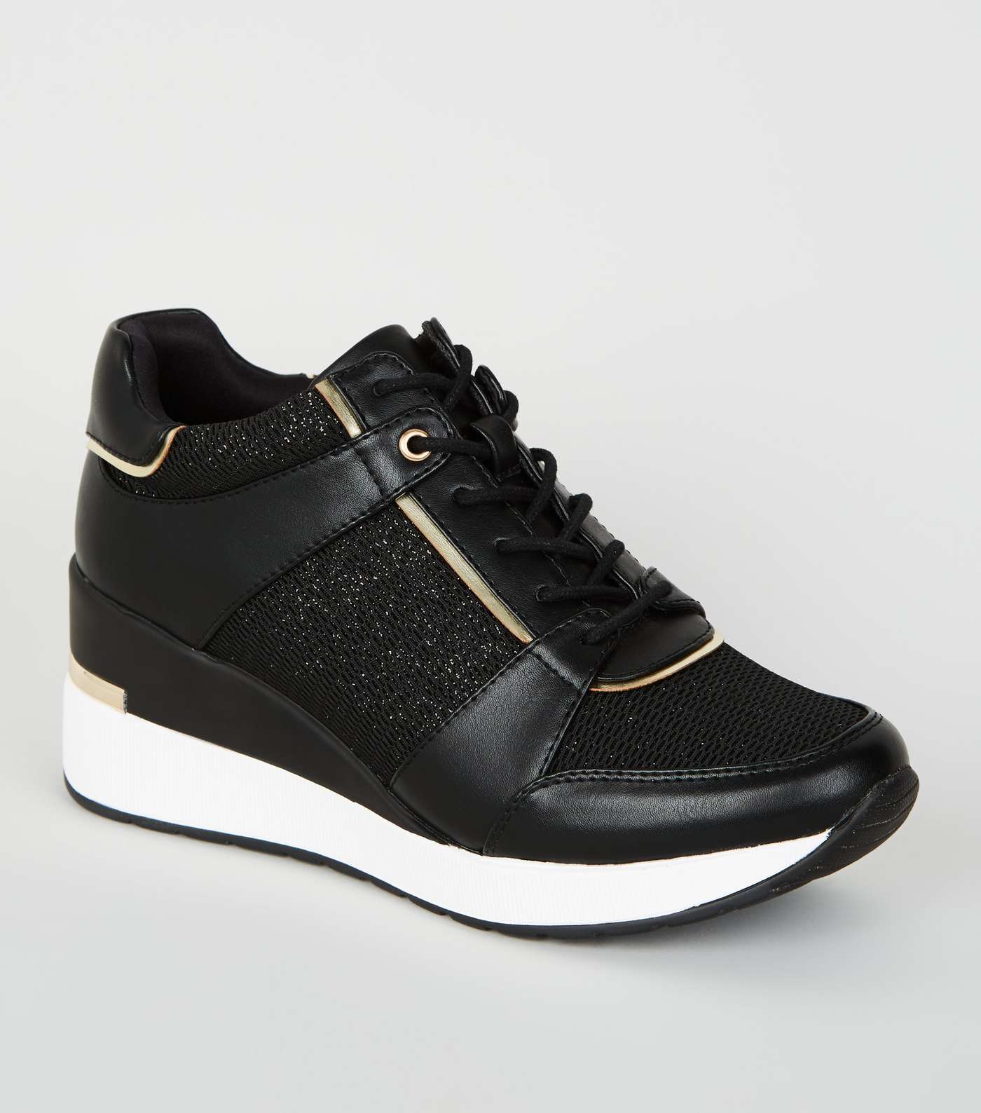 Black Leather-Look Glitter Panel Wedge Trainers