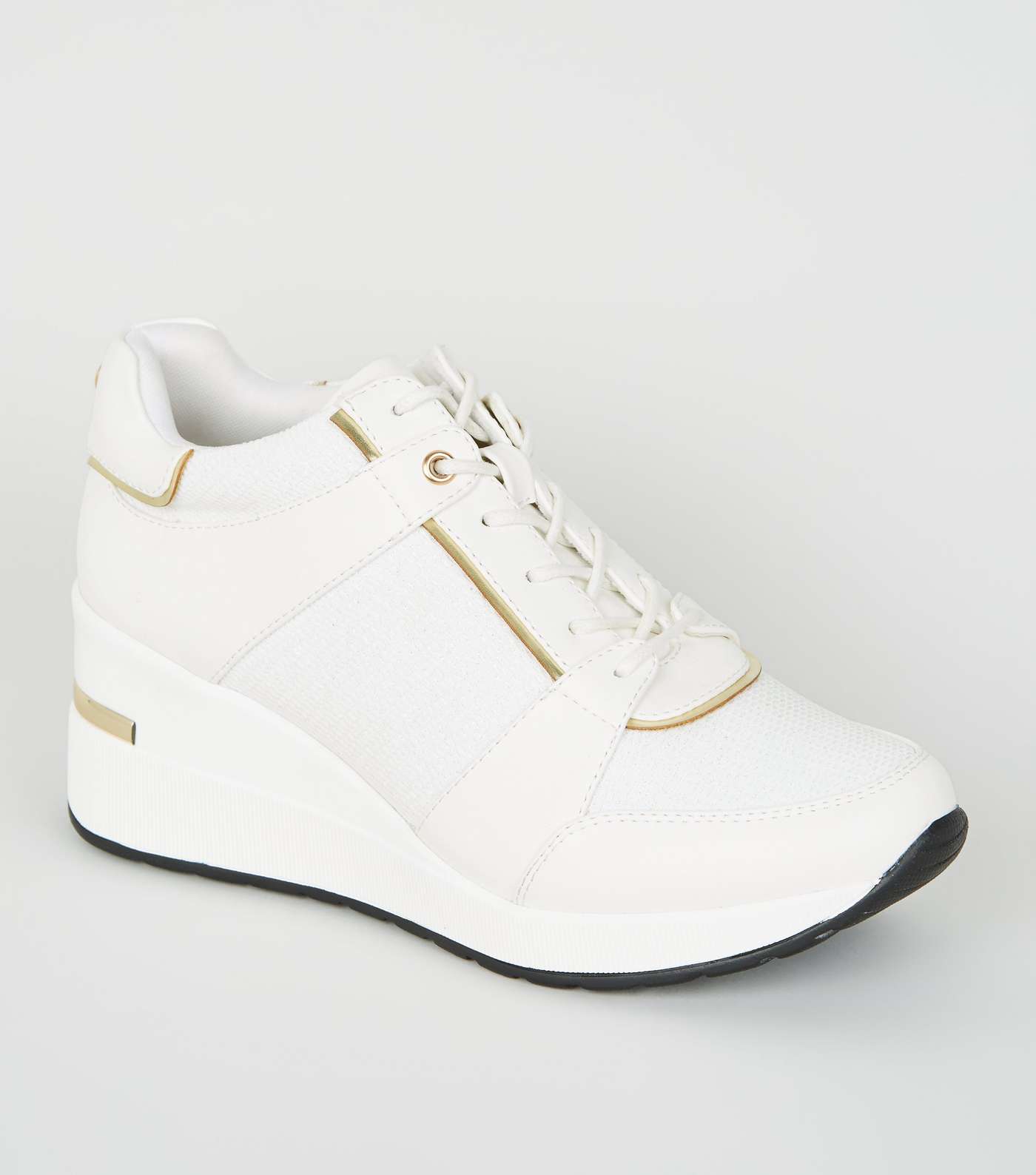 White Leather-Look Glitter Panel Wedge Trainers