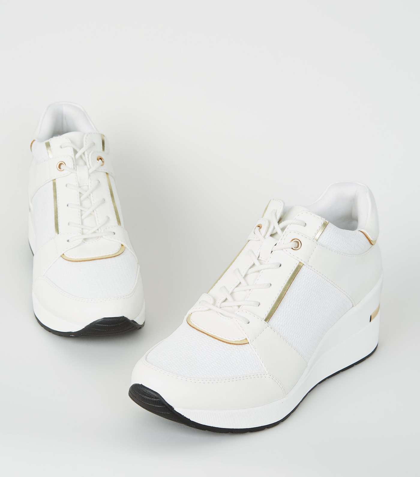 White Leather-Look Glitter Panel Wedge Trainers Image 3