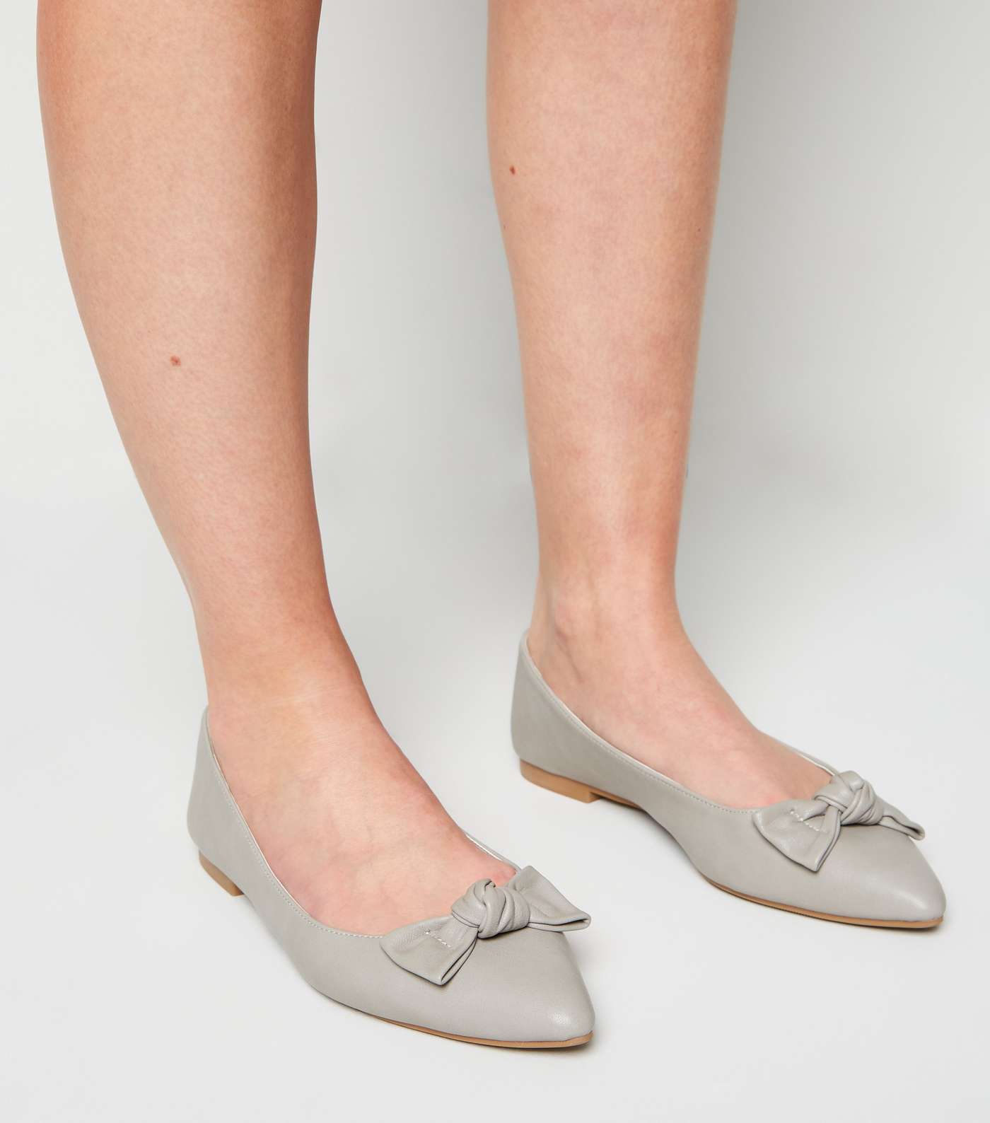 Grey Leather-Look Pointed Bow Ballet Pumps Image 2
