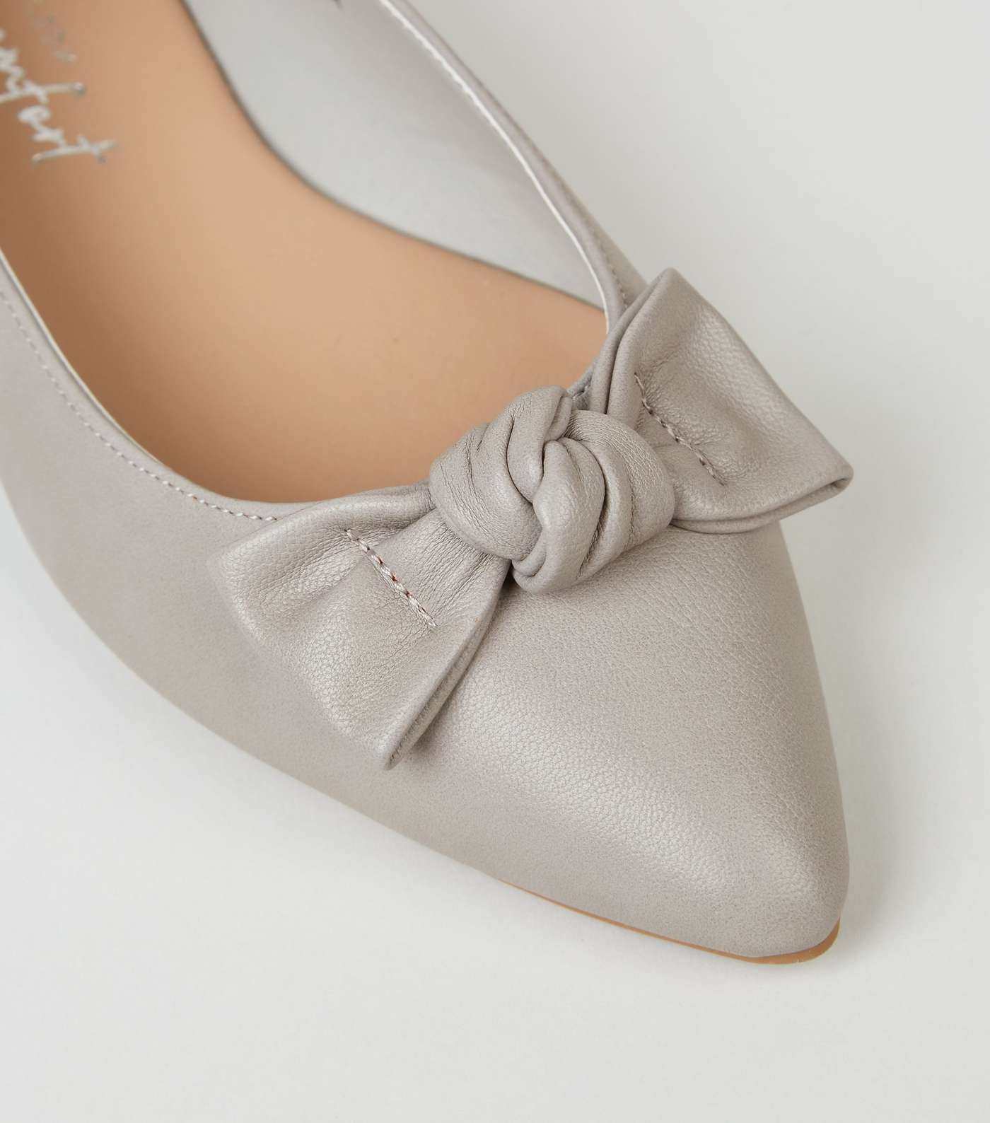 Grey Leather-Look Pointed Bow Ballet Pumps Image 4