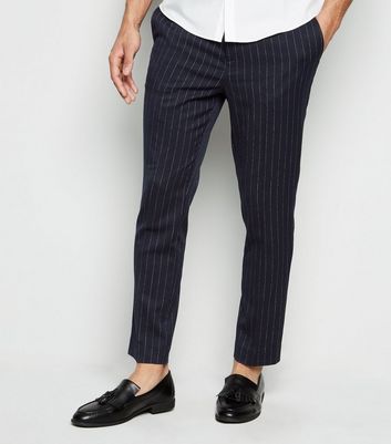 NEW LOOK NAVY PINSTRIPE CROPPED CROP LEG TAPERED TROUSERS SMART CAUSAL UK 12 14 