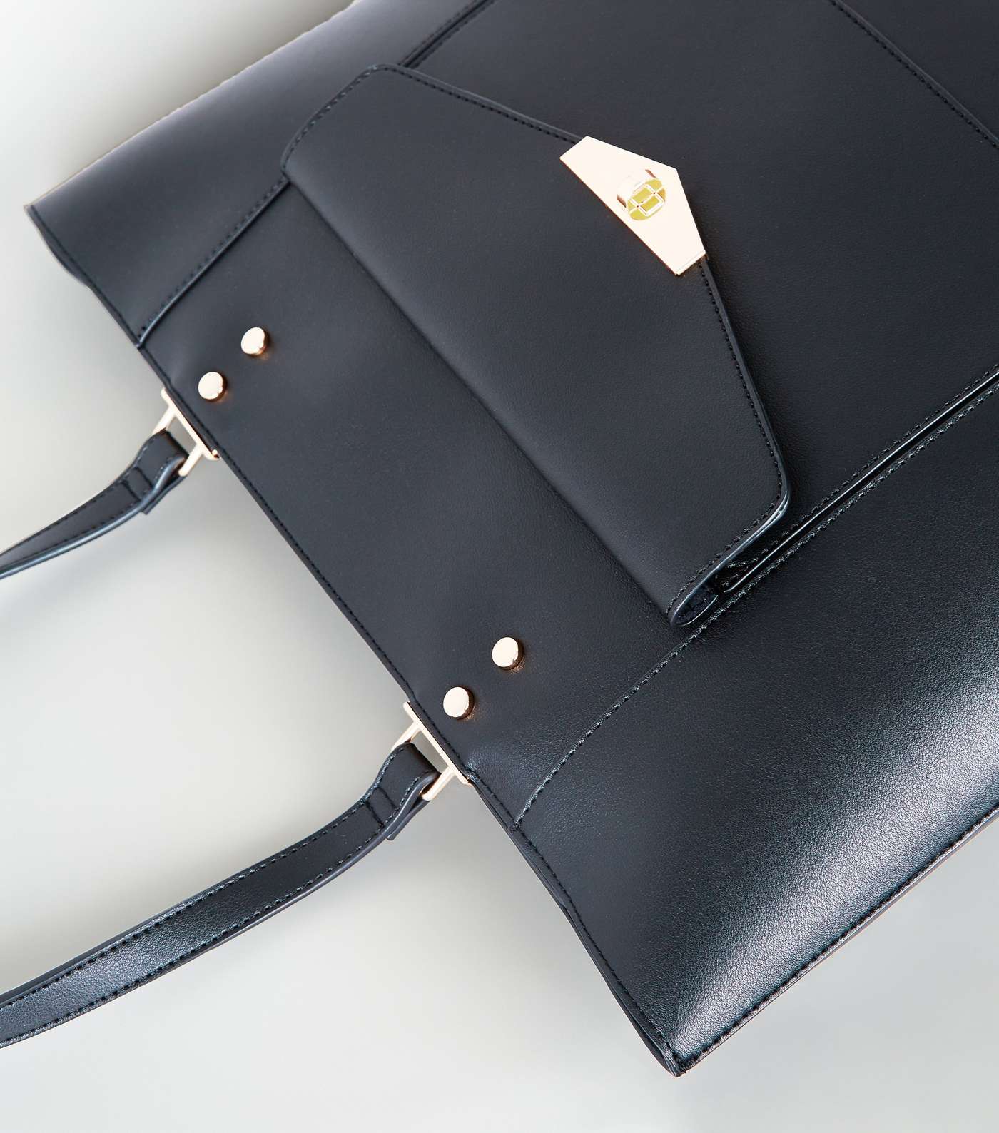 Black Leather-Look Pocket Front Tote Bag Image 3