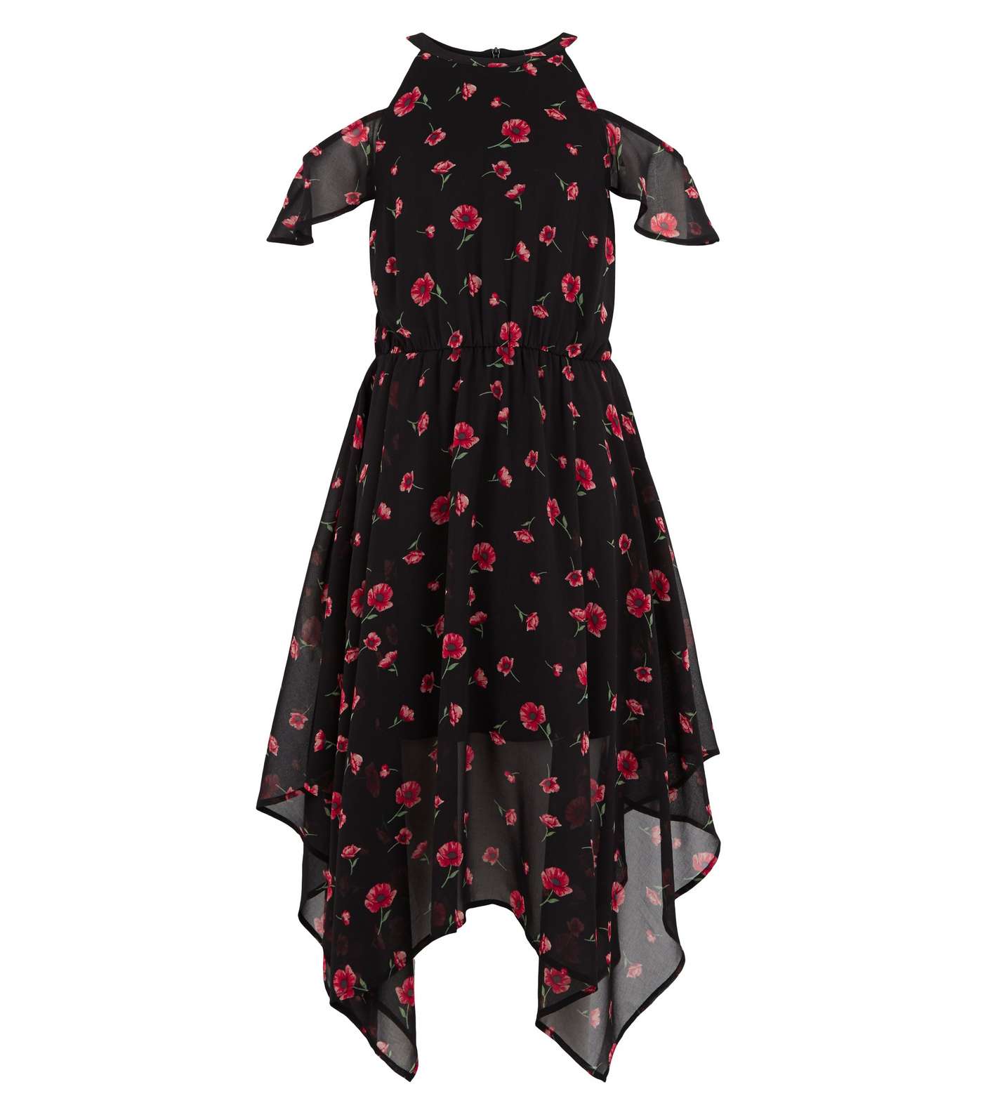 Girls Black Floral Cold Shoulder Hanky Hem Dress Image 4