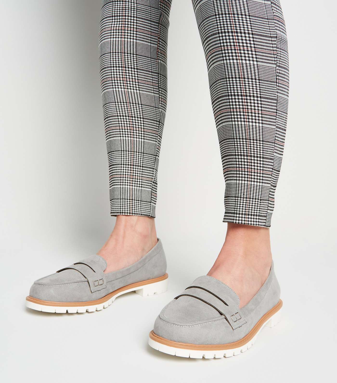 Wide Fit Grey Suedette Chunky Cleated Loafers Image 2