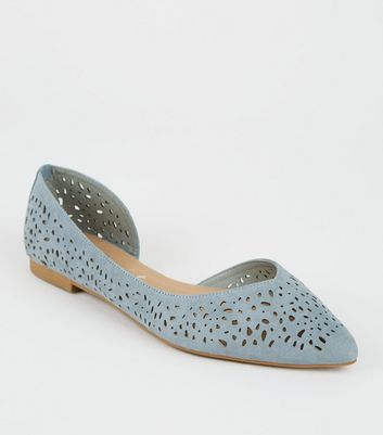 Image of Pale Blue Suedette Laser Cut Pointed Ballet Pumps New Look Vegan
