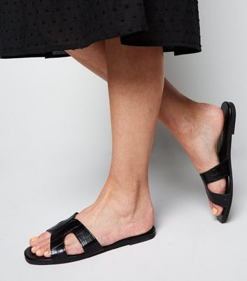 new look cross strap flat slider sandal in black croc