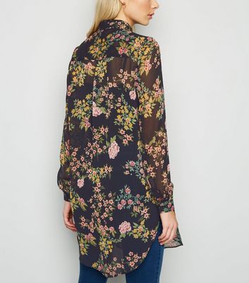 Black Floral Chiffon Long Shirt