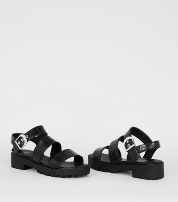 Girls Black Faux Croc Chunky Sandals 