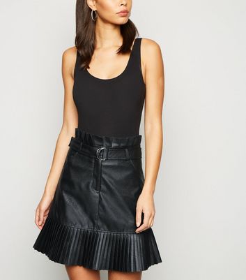 Cameo Rose Black Coated Leather-Look Pleated Skirt | New Look