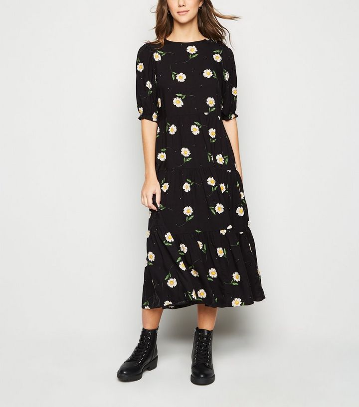 Black Daisy Floral Puff Sleeve Tiered Midi Dress New Look