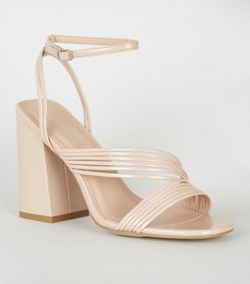 Image of Cream Patent Thin Strappy Flared Block Heels New Look