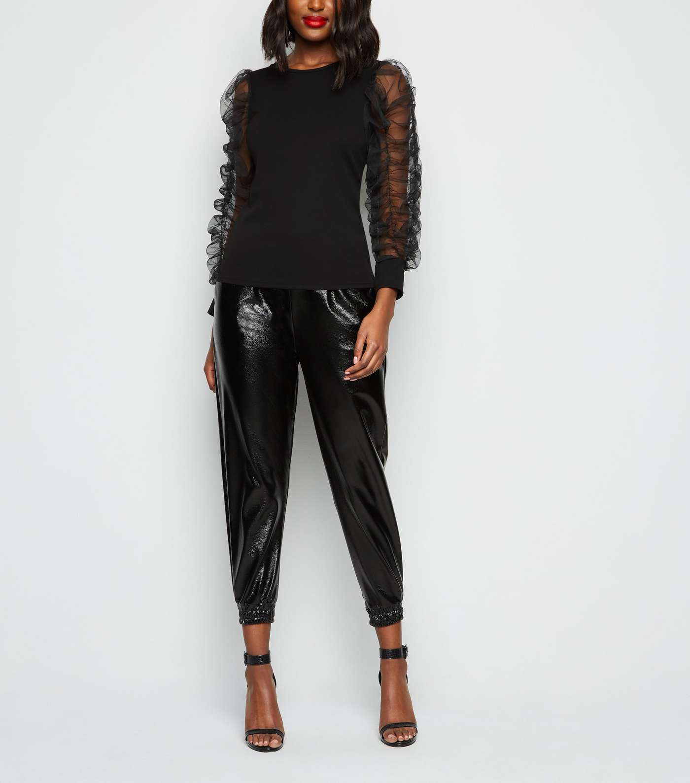 Cameo Rose Black Ruched Mesh Sleeve Top Image 2