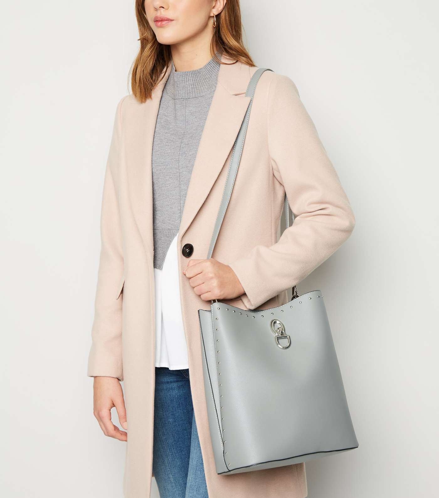 Grey Leather-Look Stud Trim Bucket Bag Image 2