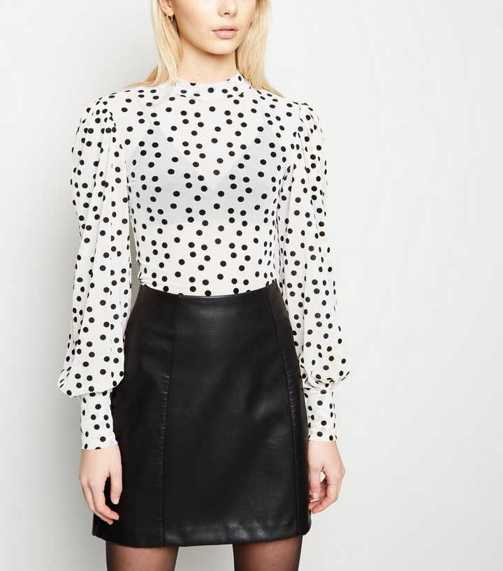 Cream Flocked Spot Mesh Puff Sleeve Top