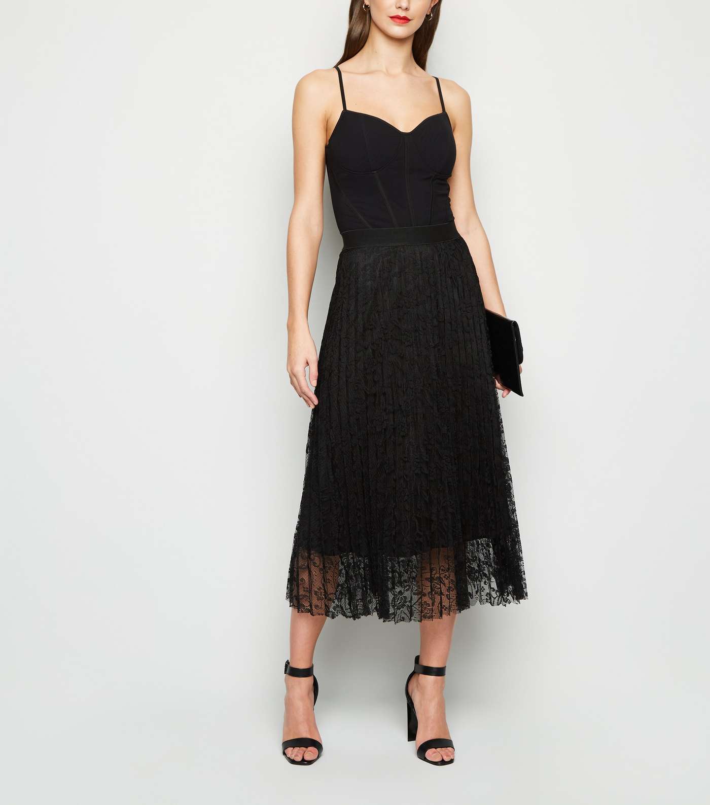 Black Lace Pleated Midi Skirt 