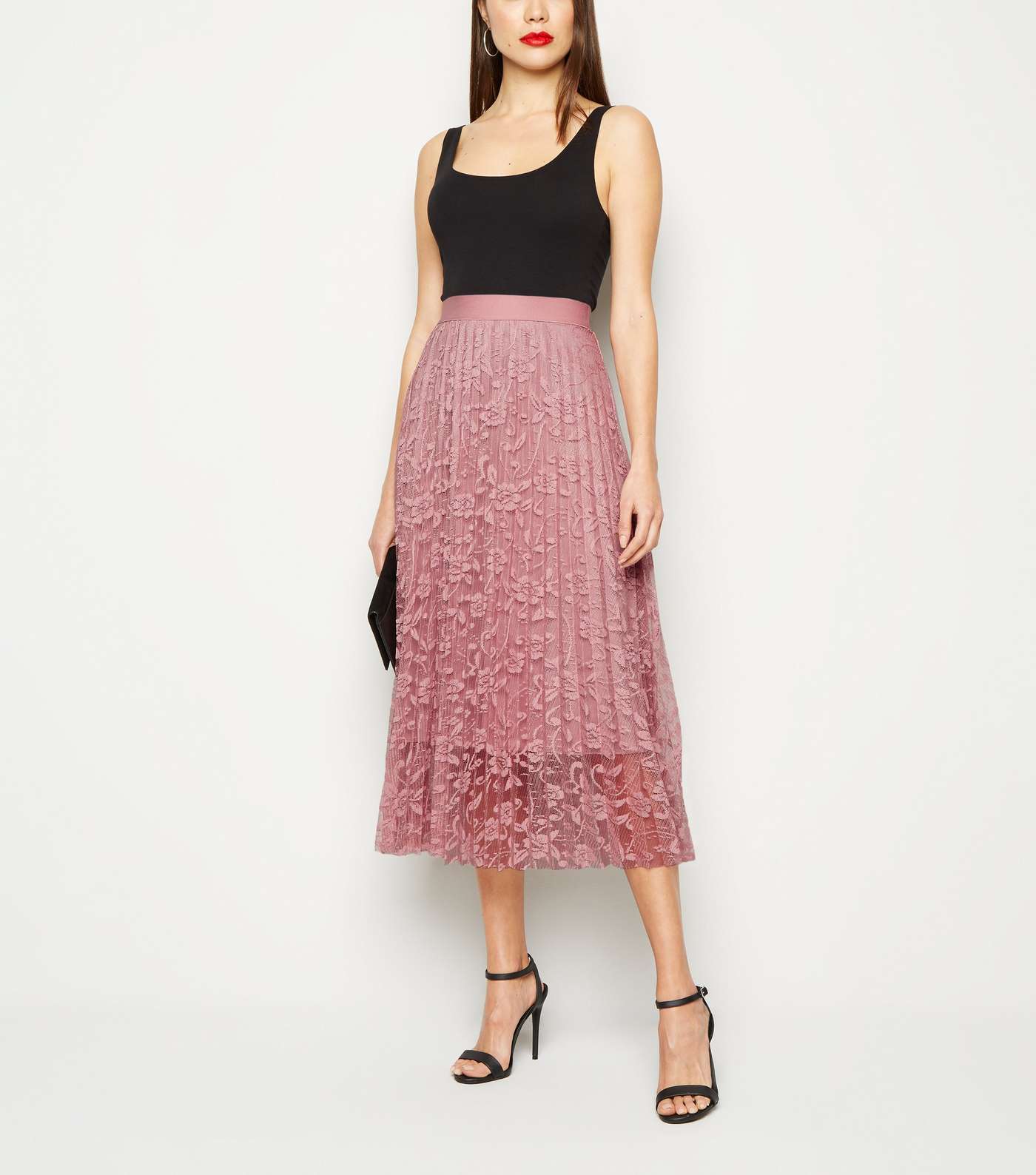Pale Pink Lace Pleated Midi Skirt