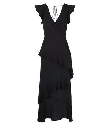 Image of Black Frill Wrap Midi Dress New Look
