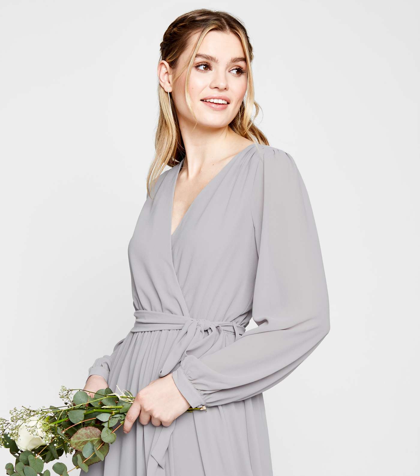 Grey Long Sleeve Side Split Wrap Maxi Dress Image 2