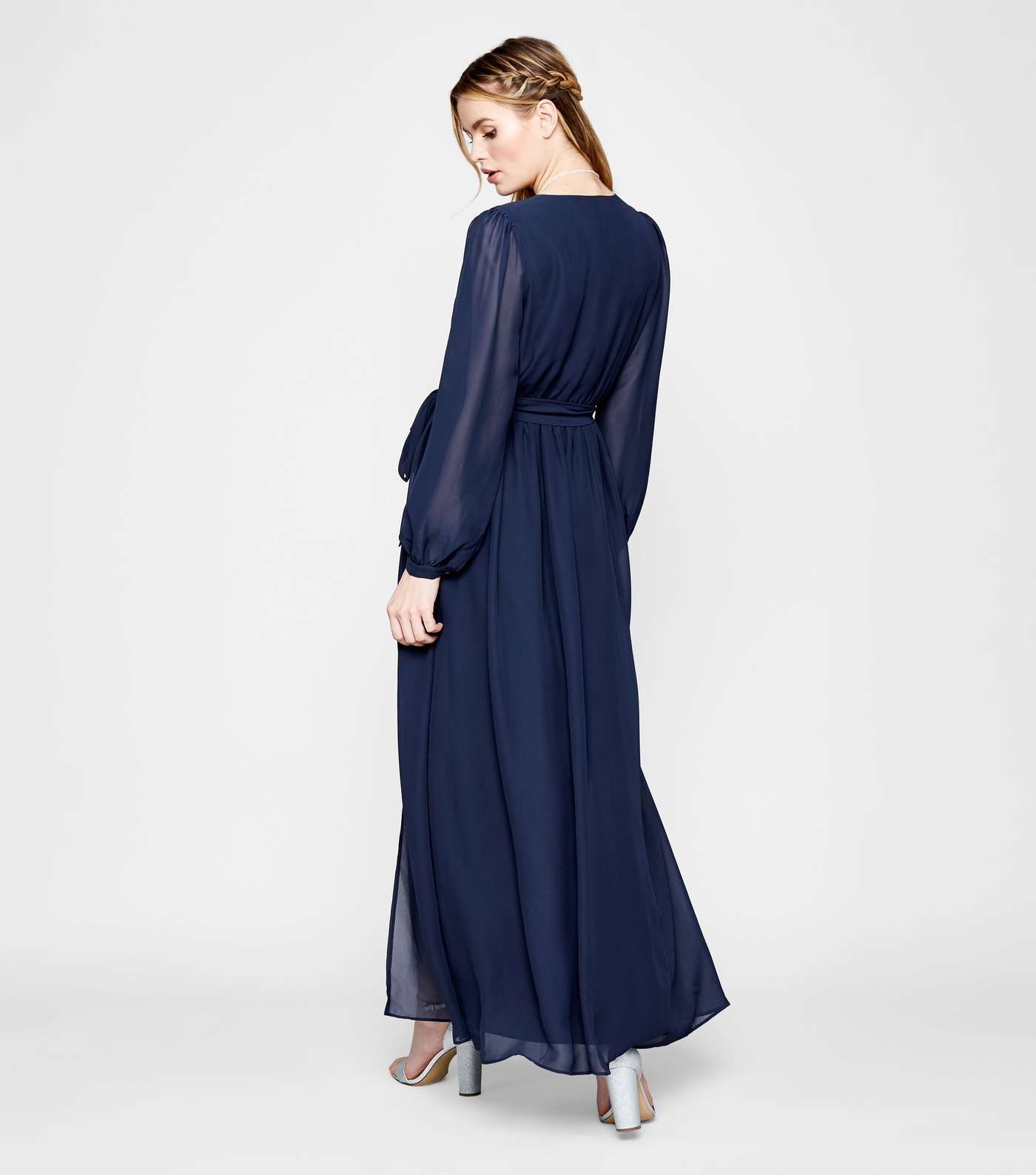 Navy Long Sleeve Side Split Wrap Maxi Dress Image 3