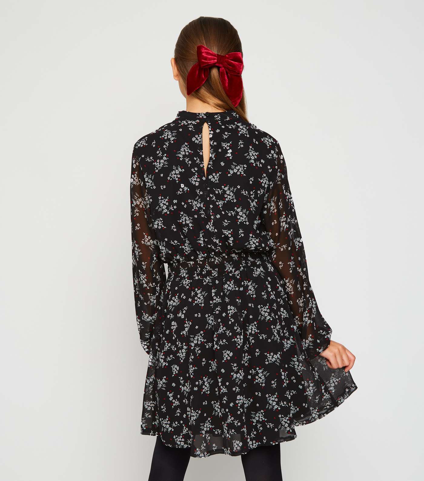 Girls Black Floral Keyhole Long Sleeve Dress Image 3