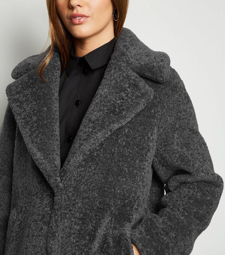 Dark Grey Faux Fur Teddy Coat New Look, Black Teddy Faux Fur Long Coat New Look