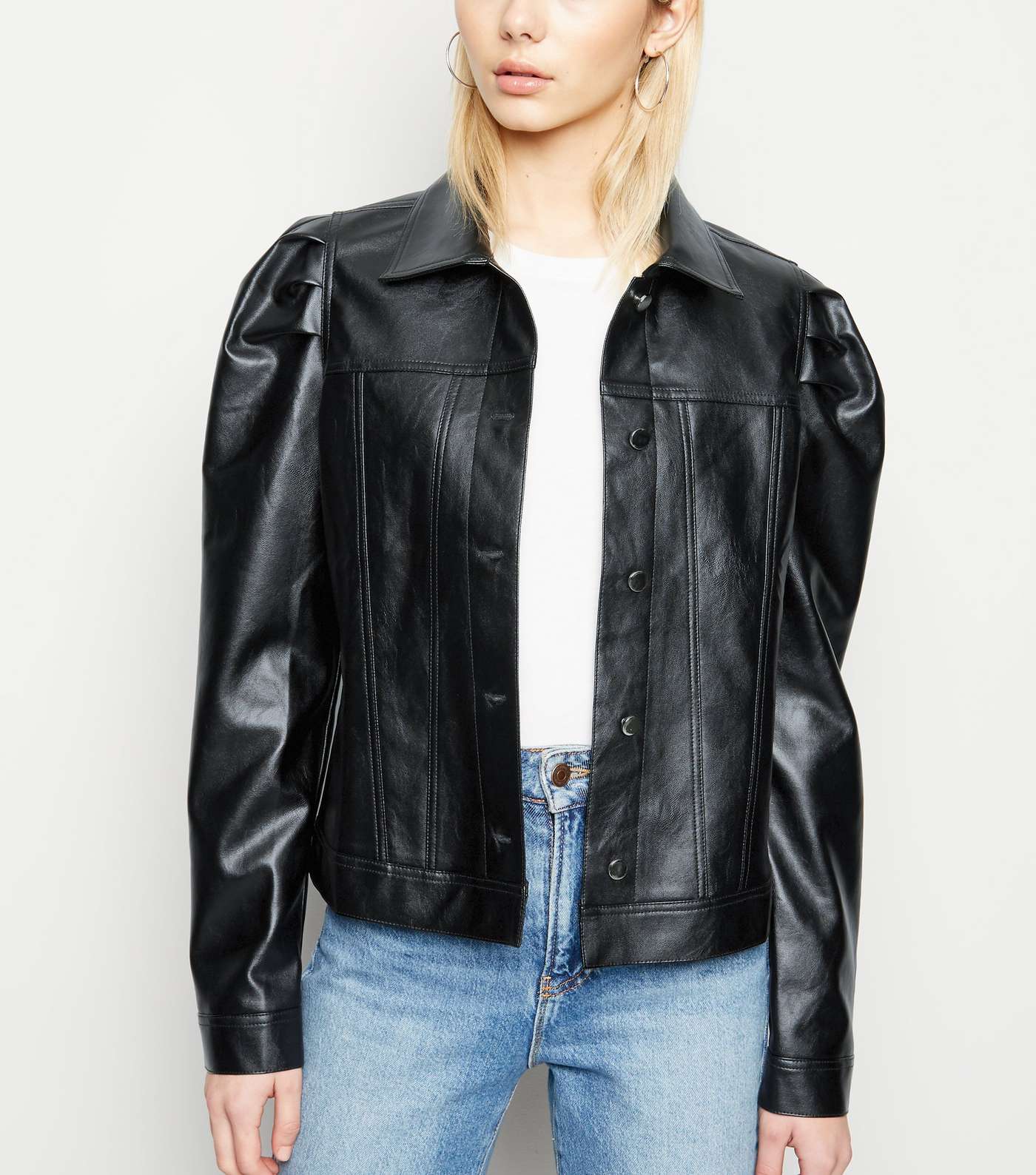 Black Leather-Look Puff Sleeve Jacket