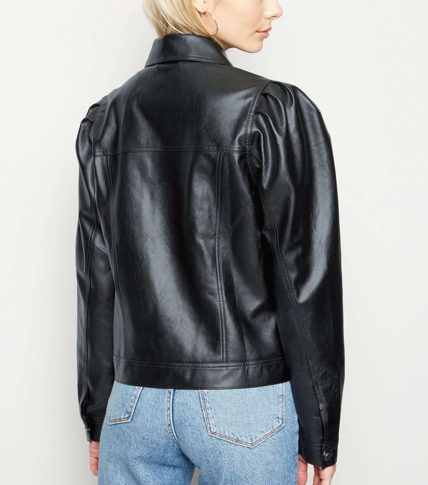 Black Leather-Look Puff Sleeve Jacket Image 3