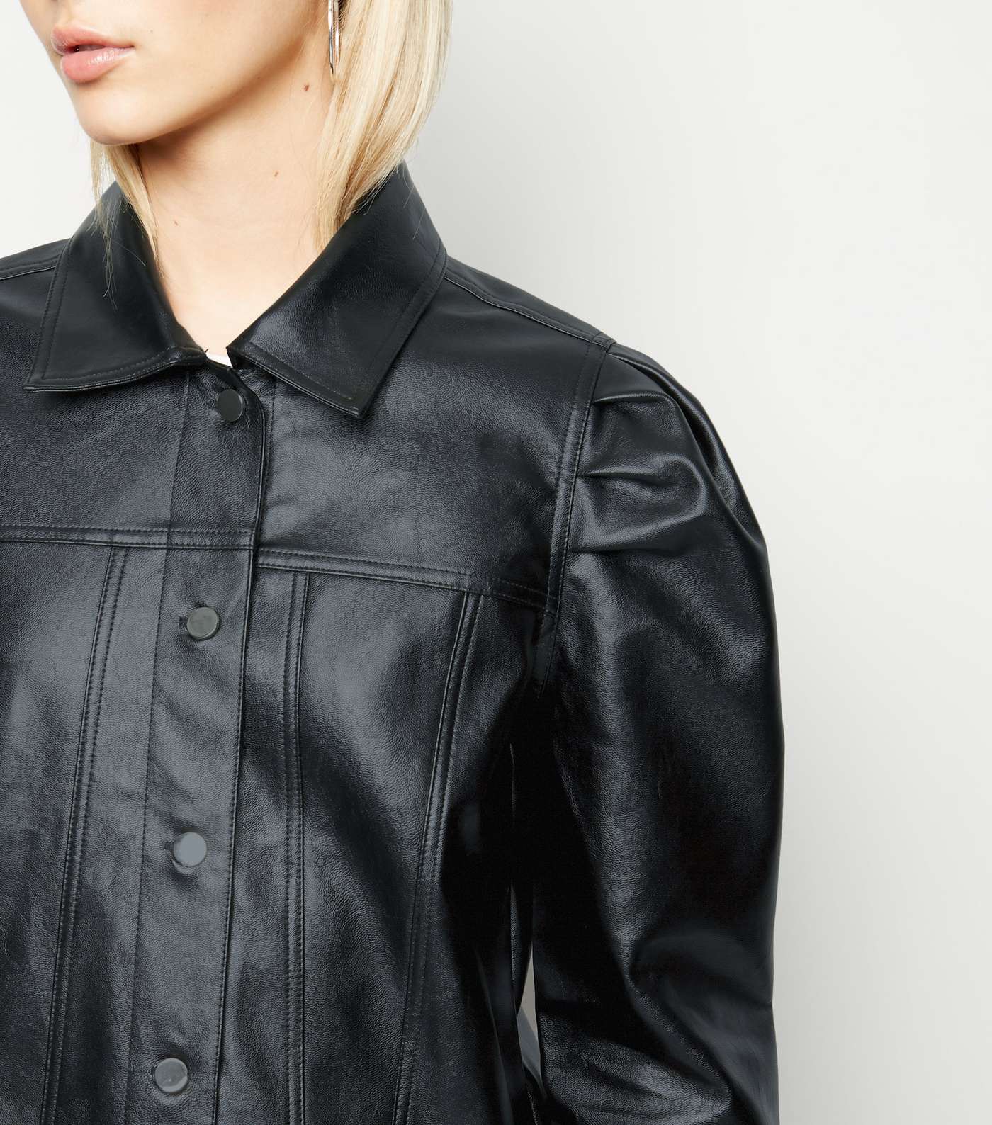 Black Leather-Look Puff Sleeve Jacket Image 5