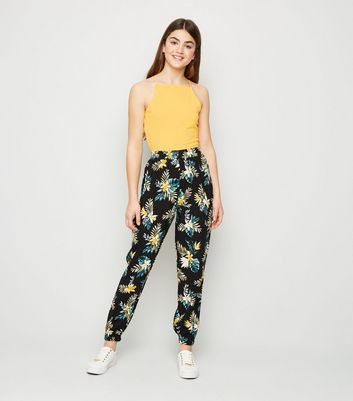 Black Tropical Floral Print Joggers 