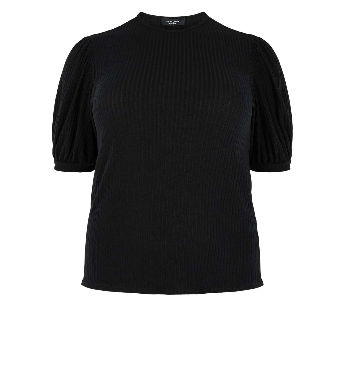 Curves Black Puff Sleeve Ribbed Knit Top Image 4