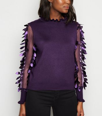 Dark Purple Leaf Mesh Sleeve Jumper 