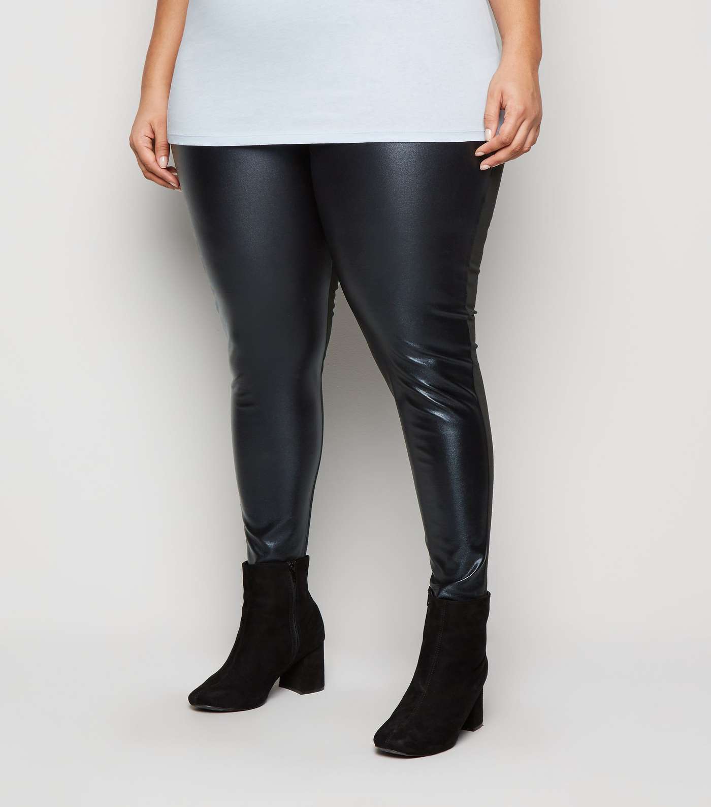 Curves Black Leather-Look Front Leggings Image 2